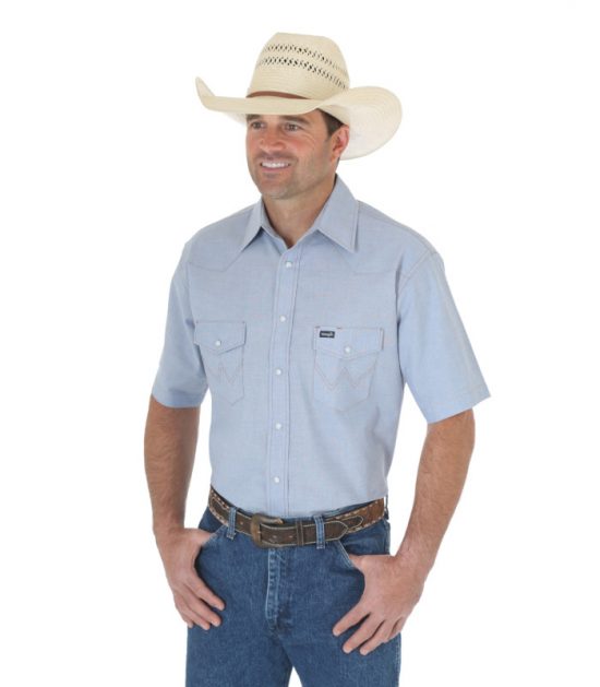 Wrangler Western Men's Cowboy Chambray Short Sleeve Shirt Stampede