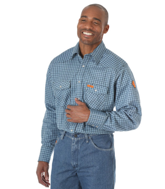 Wrangler FR Long Sleeve Work Shirt Blue Plaid