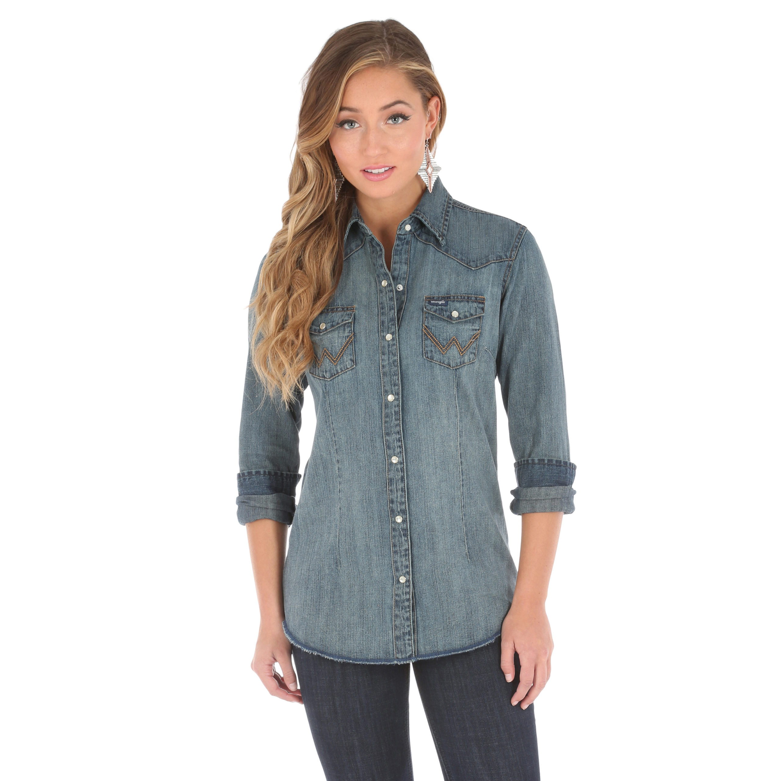 Wrangler® Premium Lady's Long Sleeve Antique Denim Shirt - Riley & McCormick