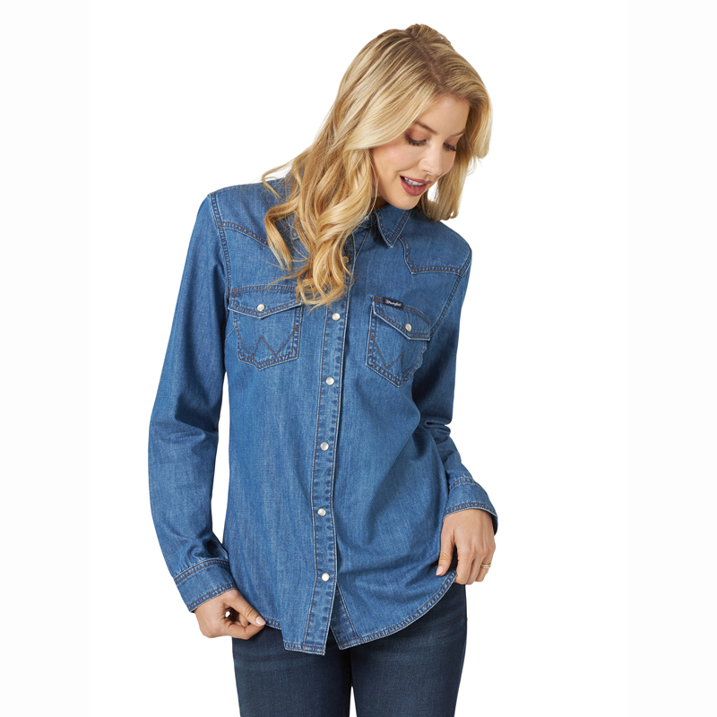 Wrangler® Premium Lady's Long Sleeve Med Denim Shirt - Riley & McCormick